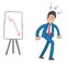 Cartoon sales graph goes down and the businessman leaves very angry, vector illustration