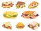 Cartoon sandwich. Delicious panini with vegetables, salmon and meat. Crispy toast, croissant and bun sandwiches vector