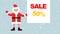 Cartoon Santa Claus against a background of falling snow with an empty banner for your text.