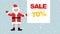Cartoon Santa Claus against a background of falling snow with an empty banner for your text.