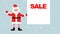 Cartoon Santa Claus against a background of falling snow with an empty banner for your text.