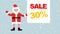 Cartoon Santa Claus against a background of falling snow with an empty banner for your text. banner with sale 30%.