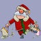 Cartoon Santa Claus with bags full of dollars