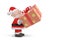 Cartoon Santa Claus carrying a giant gift box isolated on white background.