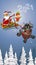 Cartoon santa claus with elf and bull flying in a sleigh over the forest