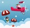 Cartoon santa claus flying in a airplane and parachutes with christmas elf and gift box