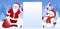 Cartoon Santa Claus and  funny snowman hold celebratory Christmas background