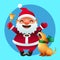 Cartoon Santa Claus with a golden bell and a lovely singing dog