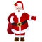 Cartoon Santa Claus holding bag with gifts, with thumb up