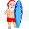 Cartoon santa claus holding a surfboard and giving a thumbs up