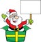Cartoon Santa Claus in a large gift box while holding a sign.