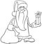 Cartoon Santa Claus with sack and Christmas gift coloring page