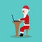 Cartoon Santa Claus sits in a chair for a laptop