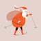 Cartoon Santa Claus is skiing, holding ski poles in his hands, carrying a bag of gifts on his back. Smiling Santa walks merrily.