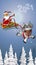 Cartoon santa claus on a sleigh with a white bull flying over the forest