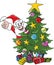 Cartoon Santa Claus standing behind a decorated Christmas tree waving his hand smiling vector illustration