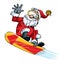 Cartoon Santa doing a jump on a snowboard