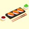 Cartoon sashimi with salmon, wasabi dip, and soy sauce with wooden chopsticks