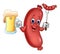 Cartoon sausage holding beer and sausage on fork