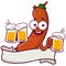 Cartoon Sausage serving cold glasses of beer. Vector illustration