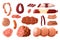 Cartoon sausages. Meat grocery assortment. Pork, chicken and beef smoked products. Butchery collection. Salami slices