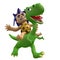 Cartoon savage boy rides on a cute dinosaur. 3D illustration.