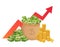 Cartoon savings value growth. Money profit increase, profitable investments chart with red graph arrow and cash pile