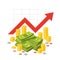 Cartoon savings value growth. Money profit with red rising up graph arrow and cash pile. Economic growth business