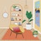 Cartoon Scandinavian interior in the style of Hygge.Fashionable interior is stylish, comfortable livingroom, furniture