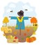 Cartoon scarecrow, pumpkins, sunflowers, cucumber, wheat, apples, hay bales, pitchfork, falling autumn leaves, fence