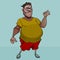 Cartoon scary potbellied man shows okay hand gesture