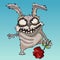 Cartoon scary rabbit with red flower in hand