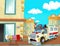 Cartoon scene with ambulance and sick patient