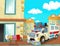 Cartoon scene with ambulance and sick patient