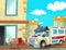 Cartoon scene with ambulance and sick patient