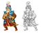 Cartoon scene with arabian knight or prince with sword on white
