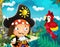 Cartoon scene of beach with captain near the sea or ocean - pirate ship parrot bird and pirate captain - illustration for children