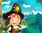 Cartoon scene of beach with captain near the sea or ocean - pirate ship parrot bird and pirate captain - illustration for children