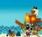 Cartoon scene of beach near the sea or ocean - pirate captain on the shore with cannon and treasure chest - pirate ship -