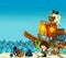 Cartoon scene of beach near the sea or ocean - pirate captain woman on the shore with cannon and treasure chest - pirate ship -