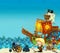 Cartoon scene of beach near the sea or ocean - pirate captain woman on the shore with cannon and treasure chest - pirate ship -