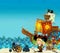 Cartoon scene of beach near the sea or ocean - pirate captain woman on the shore with cannon and treasure chest - pirate ship -