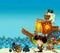 Cartoon scene of beach near the sea or ocean - pirate captain woman on the shore with cannon and treasure chest - pirate ship -