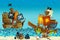 Cartoon scene of beach near the sea or ocean with pirate ships near the shore - illustration