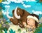 Cartoon scene of beach near the sea or ocean with prehistoric animal mammoth and caveman - illustration