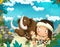 Cartoon scene of beach near the sea or ocean with prehistoric animal mammoth and caveman - illustration