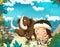 Cartoon scene of beach near the sea or ocean with prehistoric animal mammoth and caveman - illustration