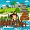 Cartoon scene with beach shore with wooden traditional barrels and cannon balls on some tropical island - illustration