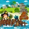 Cartoon scene with beach shore with wooden traditional barrels and cannon and cannon balls on some tropical island - illustration