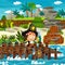 Cartoon scene with beach shore with wooden traditional barrels on some tropical island - illustration